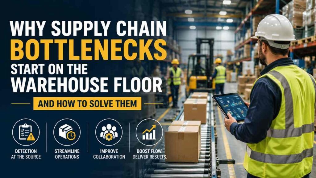 Why Supply Chain Bottlenecks Start on the Warehouse Floor and How to Solve Them Warehouse workers managing supply chain bottlenecks with forklifts and inventory.