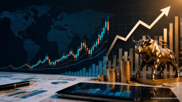 Financial markets and investment trends with rising stock charts and investment symbols