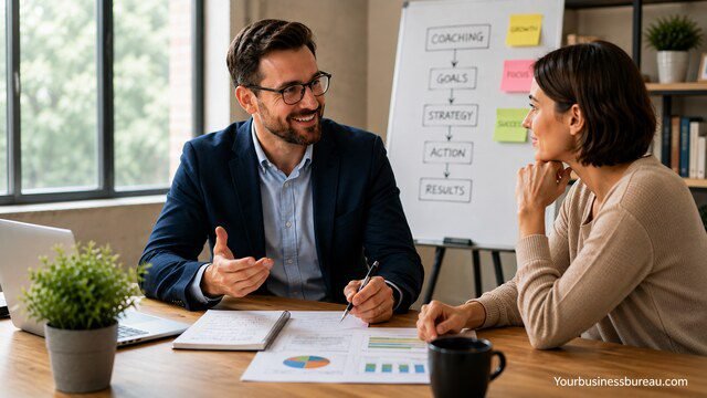 Small Business Coach discussing a coaching method with a business client