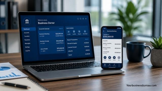 Online and mobile business banking on laptop and smartphone