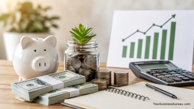 Business savings and cash reserves with money, coins, and growth chart