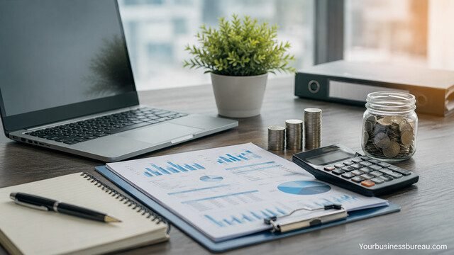 Business funding planning with savings, financial charts, calculator, and laptop.