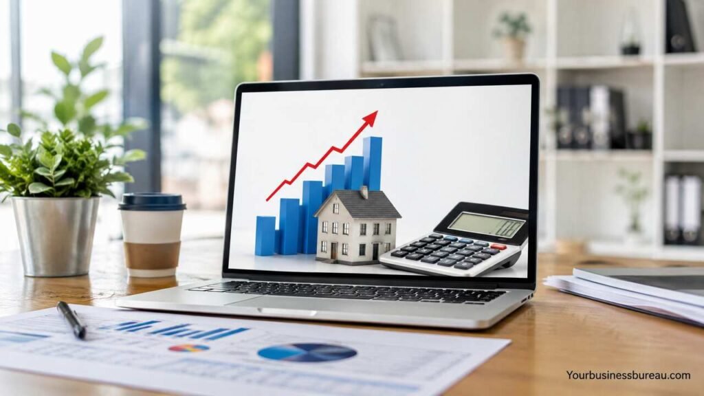Business Rates Checker: Calculate, and Understand Your Business Rates Business Rates Checker calculator on a laptop with business charts and calculator.