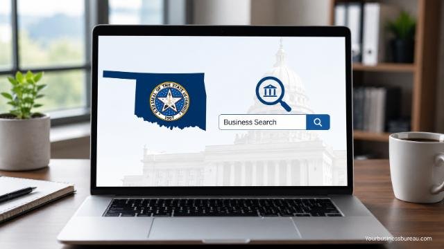 Oklahoma Secretary of State Business Search Portal on a laptop screen
