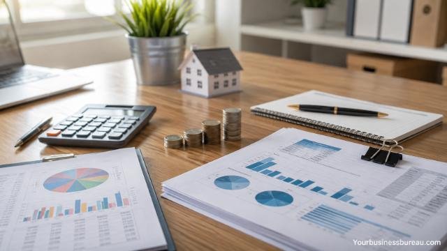 Business budget planning documents, calculator, and financial reports on an office desk.