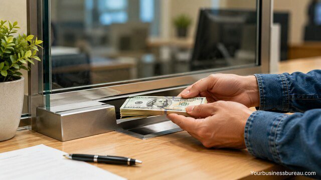 Person depositing cash at a bank teller counter.