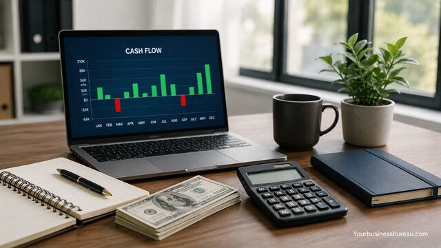 Cash flow planning workspace with laptop, calculator, cash, notebook, and financial chart.