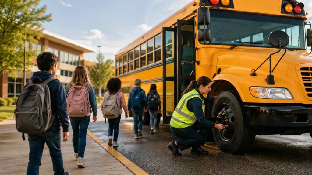 How School Districts Can Build Safer, More Reliable Bus Operations School bus safety inspection as students board outside a school.