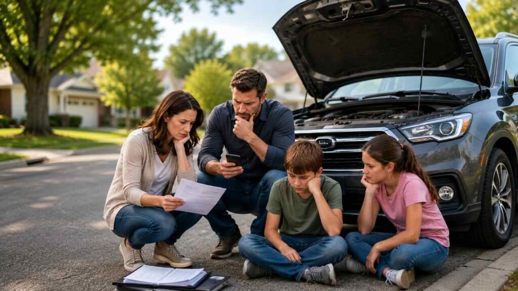 Family SUV with hood open beside repair and recall records.
