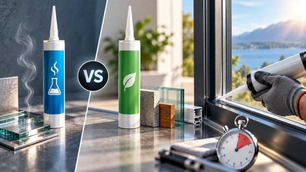 Acetic and neutral silicone sealants applied to glass and window glazing.