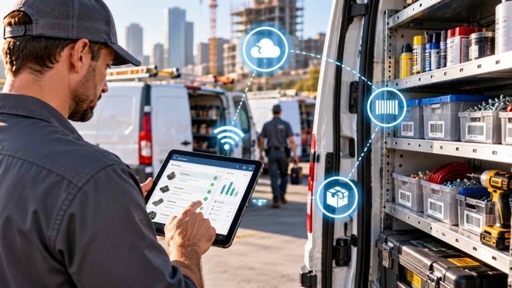 Mobile service fleet using automated inventory tracking for tools and parts.