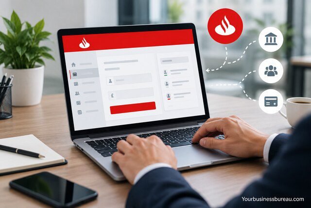 Making payments through Santander Business Online Banking on a laptop.