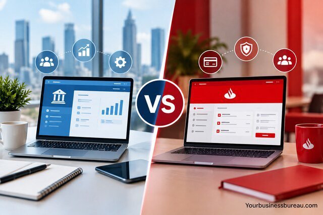 Online Business Banking vs Santander Connect comparison shown on two laptops with secure digital banking features.