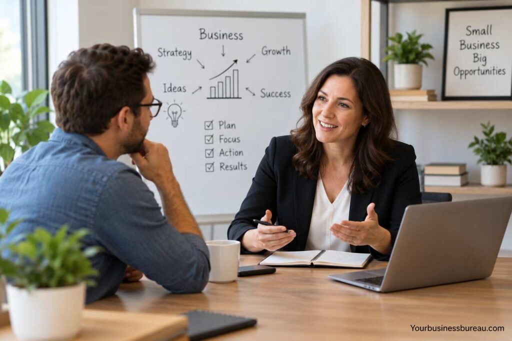 Business Coach for Small Business: What They Do, Costs, Benefits, and How to Choose One Small business owner meeting with a business coach