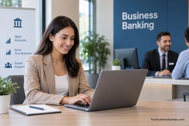Business owner applying online for a business bank account while a customer meets with a banking advisor.