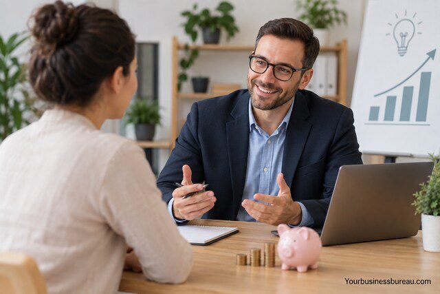 Small business coach discussing business growth and costs with a client in a professional office.