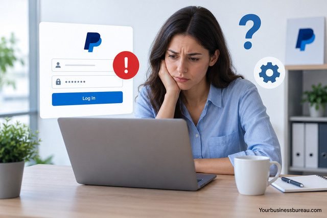 PayPal business login not working with login error displayed on a laptop.