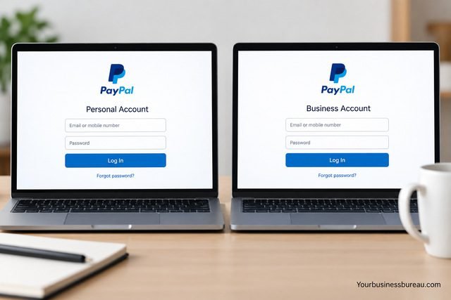 PayPal Personal and Business account login screens displayed side by side on laptops.