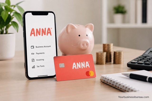 ANNA business account card and mobile app with piggy bank, coins, calculator, and budgeting tools.