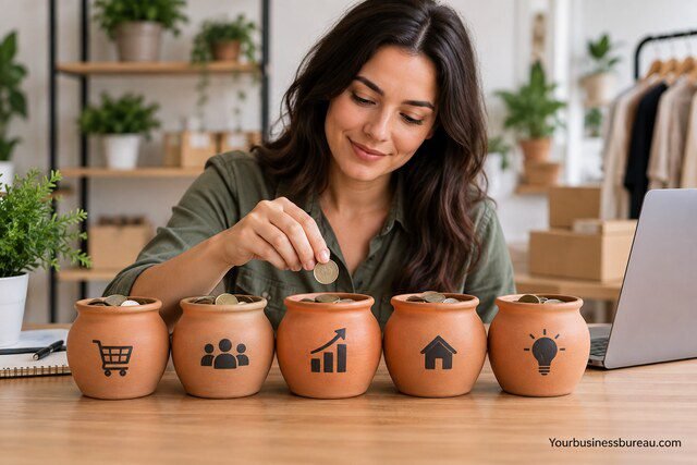 Woman separating business money into multiple budgeting pots for different business expenses.