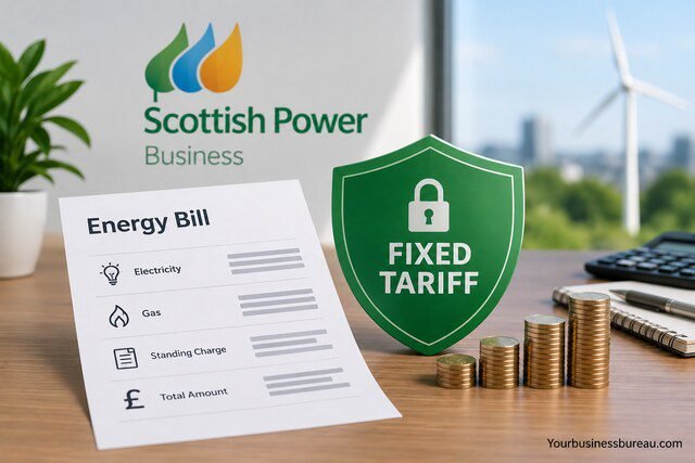 Scottish Power business bill with calculator, energy efficiency model and light bulb showing how business energy bills are calculated.