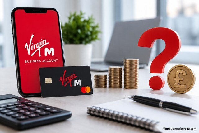 Virgin M Business Account cost illustration with business banking card, pound symbol, and coin stacks.