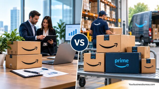 Amazon Business vs Prime Business comparison showing office professionals, Amazon packages, and a Prime delivery warehouse.