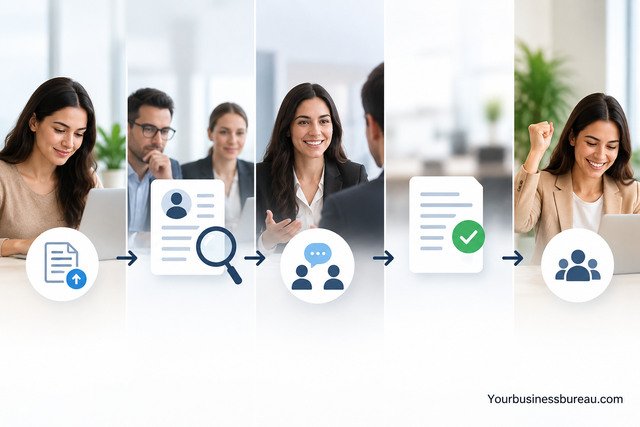 Meridian job application process showing application submission, review, interview, approval, and onboarding.