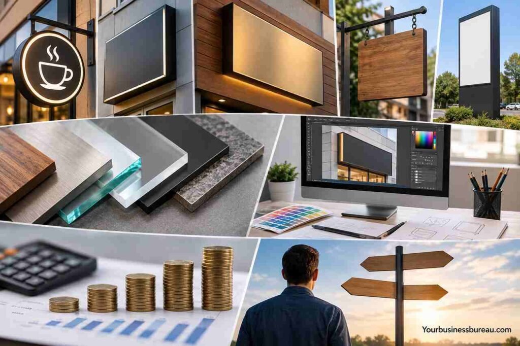 Business signs showing different types, materials, designs, and costs