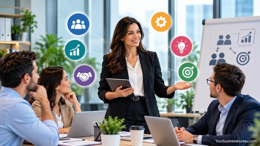 HR Business Partner: Role, Responsibilities, Skills, and How the HRBP Model Works HR Business Partner discussing HR strategy and the HRBP model with a business team.