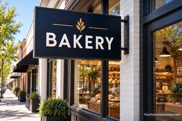 Easy-to-read bakery business sign with bold white lettering and strong contrast.
