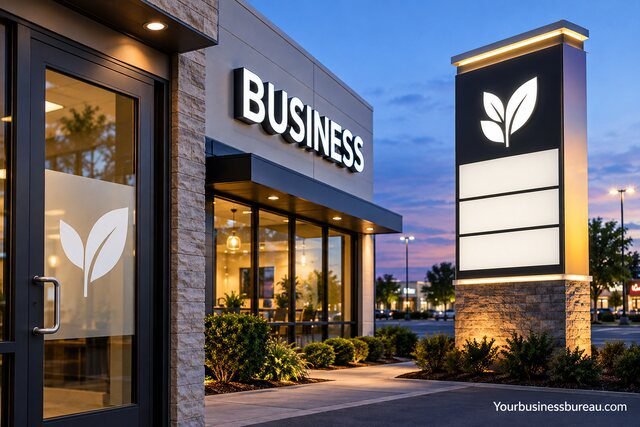 Modern illuminated business storefront and pylon signs showing different commercial signage styles.