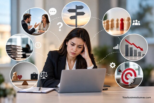 Common problems with the HRBP model illustrated through HR workload, workplace conflict, team challenges, declining performance, and missed goals.
