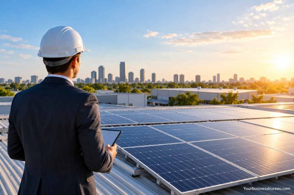 Business solar panels installed on a commercial rooftop.