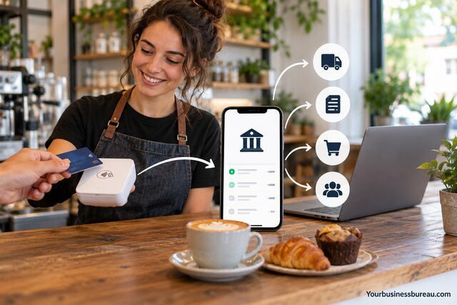SumUp Business Account payment flow showing a café card transaction, business banking, payouts, and expense management.