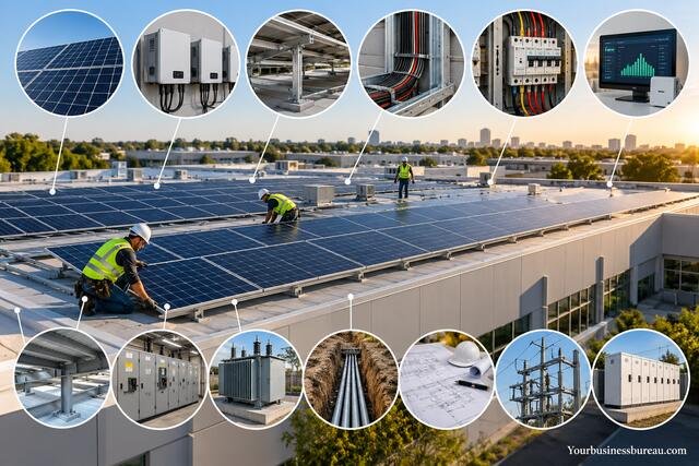 Commercial solar system showing rooftop solar panels, inverters, racking, wiring, switchgear, transformer, monitoring, and battery storage.