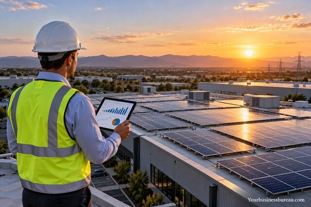 Commercial solar system sizing expert reviewing rooftop solar panels and energy consumption data.
