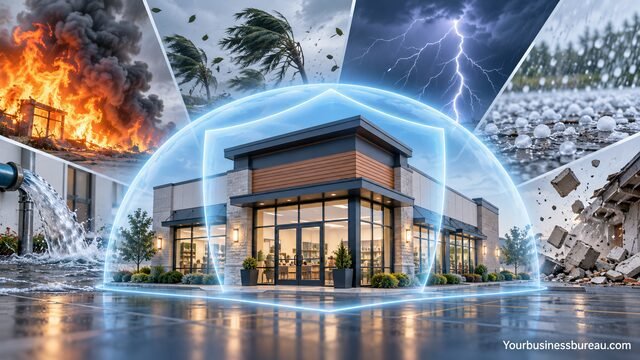 Business property insurance protecting a commercial building from common property damage risks