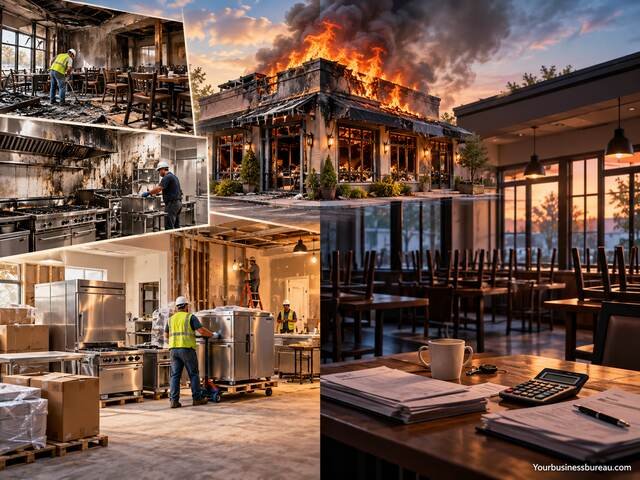Restaurant fire damage, repair work, and an empty closed dining area illustrating business property and business interruption insurance.