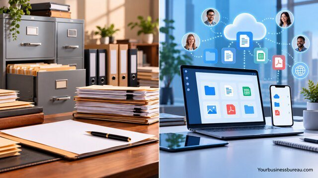 Physical filing cabinets and paper documents beside a laptop with cloud-based digital document storage.