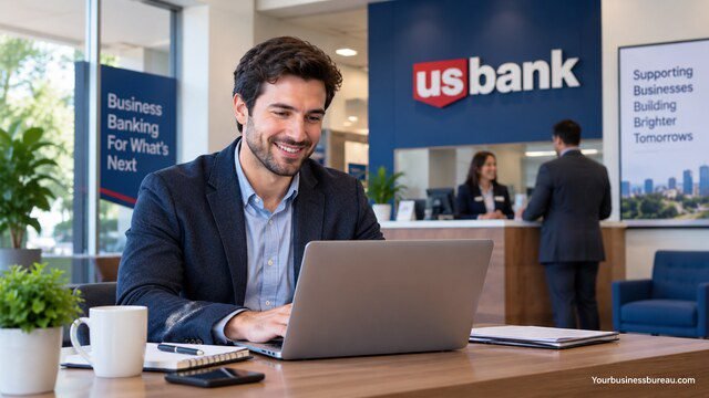 Business owner using a laptop inside a U.S. Bank branch for business banking.