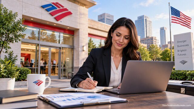 Bank of America branch with a business professional working on a laptop outside, representing Business Advantage Fundamentals banking.