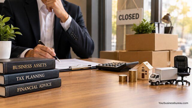 Business owner closing a company with business assets, tax planning documents, calculator, coins, property and vehicle models.