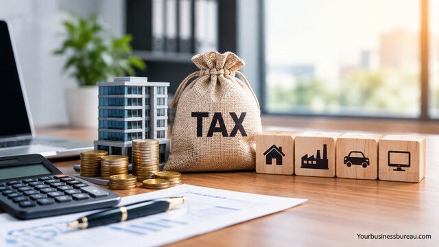 Business Asset Disposal Relief tax savings concept with coins, business assets, calculator, and tax reduction arrow.