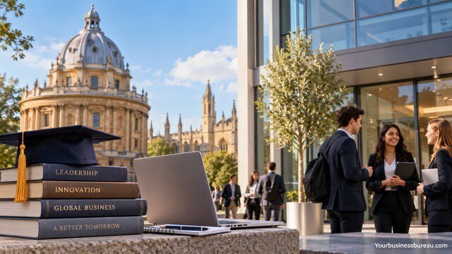 Saïd Business School programs represented by Oxford-style campus architecture, business students, graduation cap, books, and laptop.