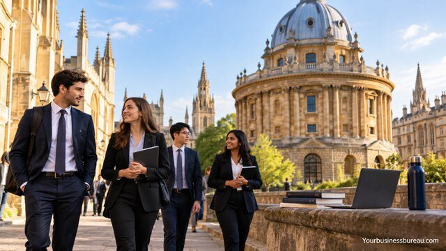 MBA students walking through Oxford with the Radcliffe Camera in the background.
