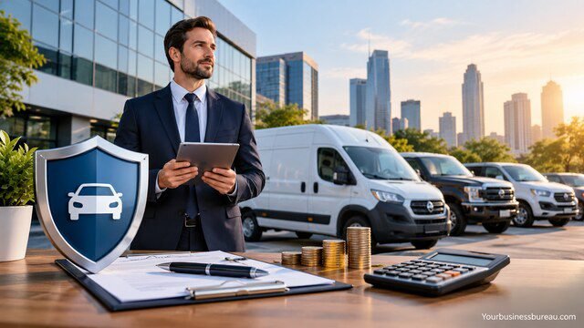 Business professional reviewing commercial car insurance costs beside company vehicles, insurance documents, calculator, and coins.