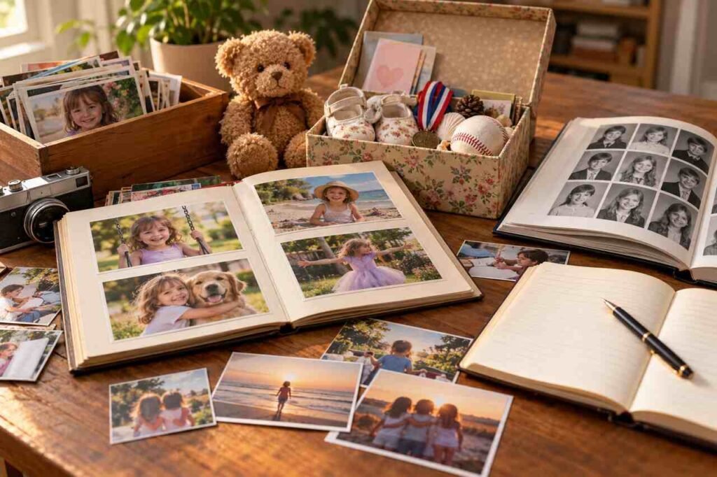 How to Preserve Childhood Memories: Photos, Yearbooks, Keepsakes, and Stories Childhood photos, yearbook, keepsakes, and memory box arranged together.