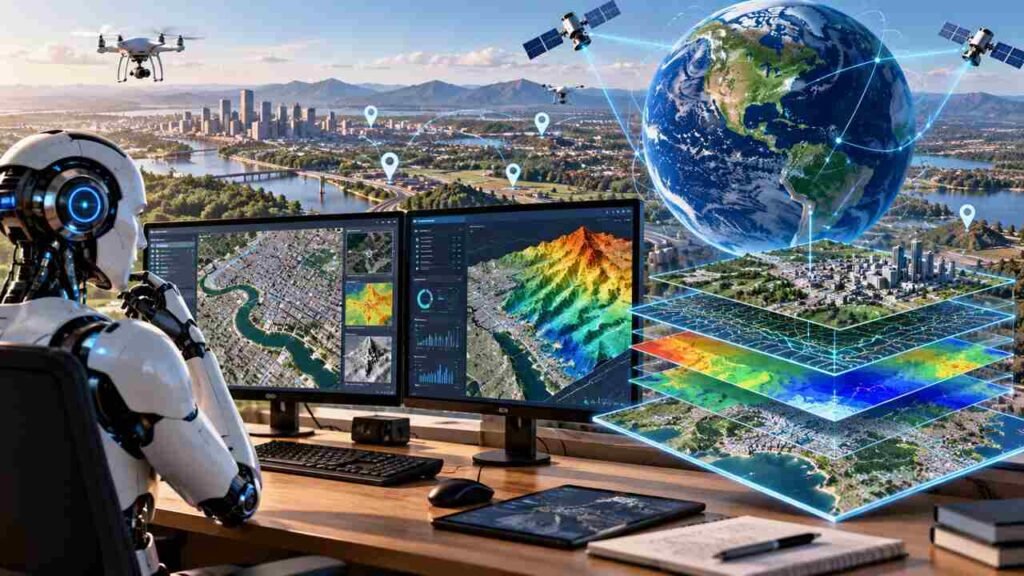 Using Agentic AI to Harness Geospatial Data Agentic AI analyzing layered geospatial data on a digital map.