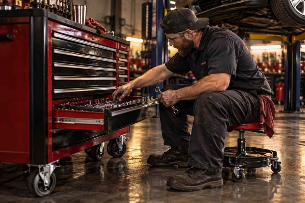 Why True Mechanics Obsess Over Their Rolling Tools Mechanic using a rolling tool cabinet in an auto repair garage.